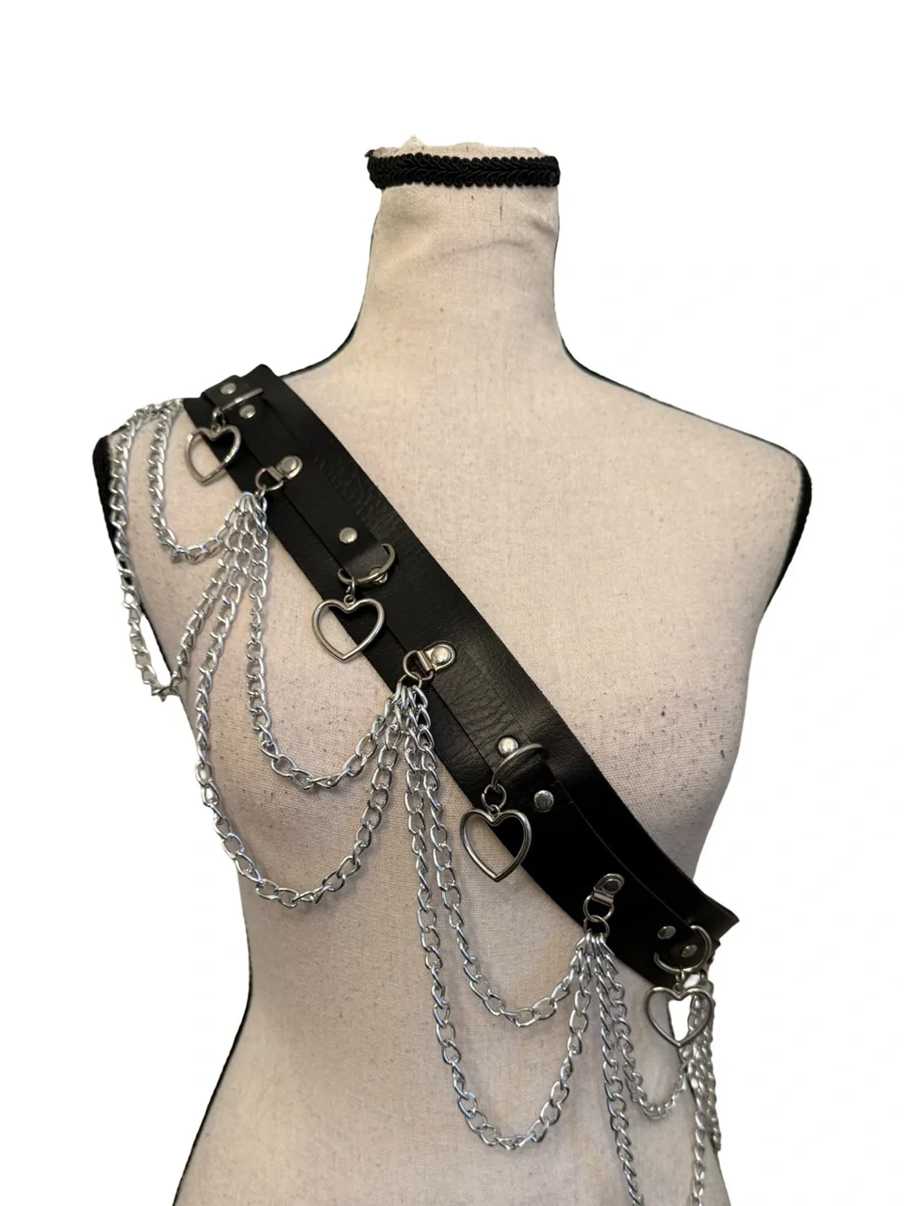 Y2K Black Faux Leather Chain Harness Belt Heart Charm Punk Goth Festival